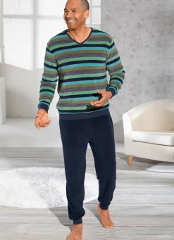 Outlet BADER Schlafanzug mit V-Ausschnitt und garngefärbtem Ringeldessin NAVY-BUNT