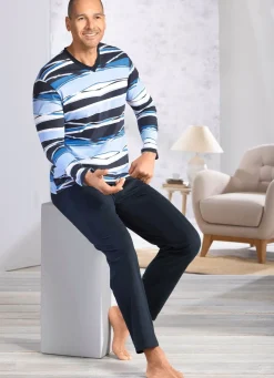 BADER Schlafanzug mit V-Ausschnitt und offenen Abschlüssen HELLBLAU-NAVY-BUNT