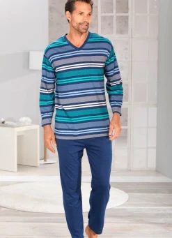 Clearance BADER Schlafanzug mit V-Ausschnitt und garngefärbtem Ringel BLAU-GRÜN-BUNT
