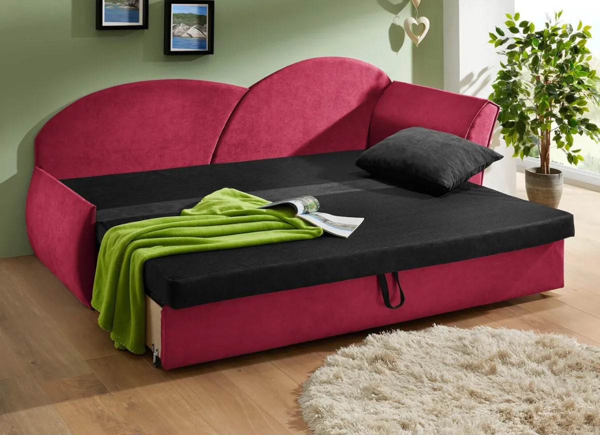 Outlet BADER Schlafsofa mit Bettkasten und 1 Dekokissen SCHWARZ-ROT
