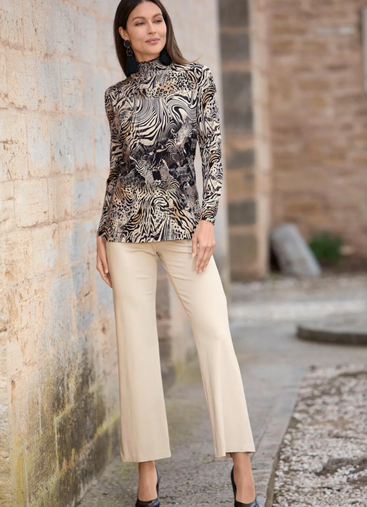 New BADER Shirt mit gesmoktem Stehkragen SCHWARZ-ECRU-CAMEL