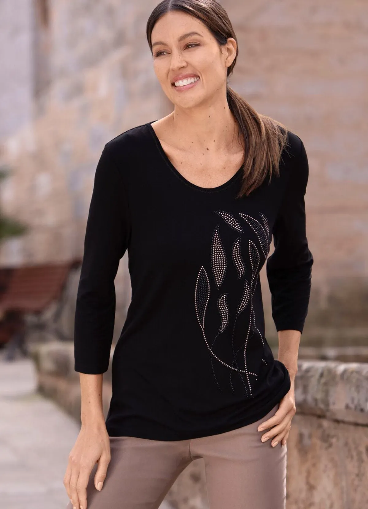 Best Schlaf Stil Shirt mit 3/4-langen Ärmeln SCHWARZ