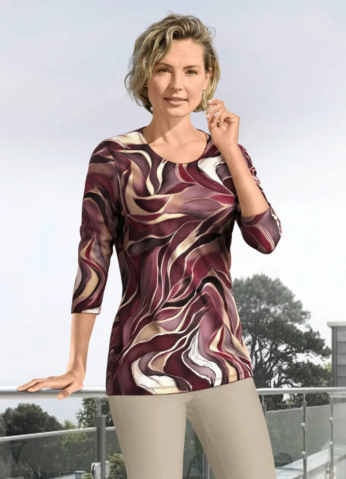 Sale KLAUS MODELLE MADE IN GERMANY Shirt mit 3/4-langen Ärmeln in 4 Farben CAMEL-BORDEAUX