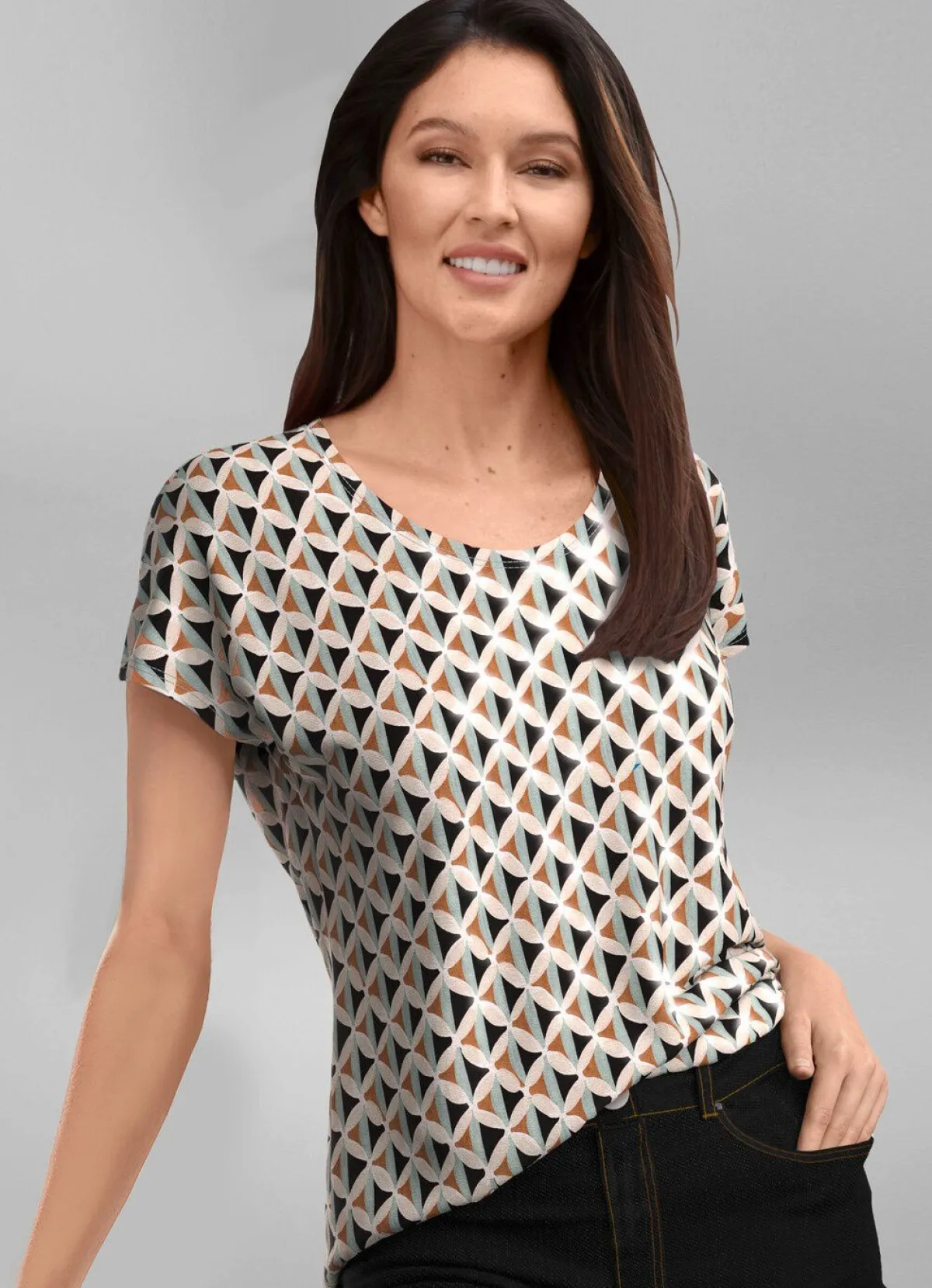 KLAUS MODELLE MADE IN GERMANY Shirt mit rundem Halsausschnitt ECRU-EISBLAU-CAMEL