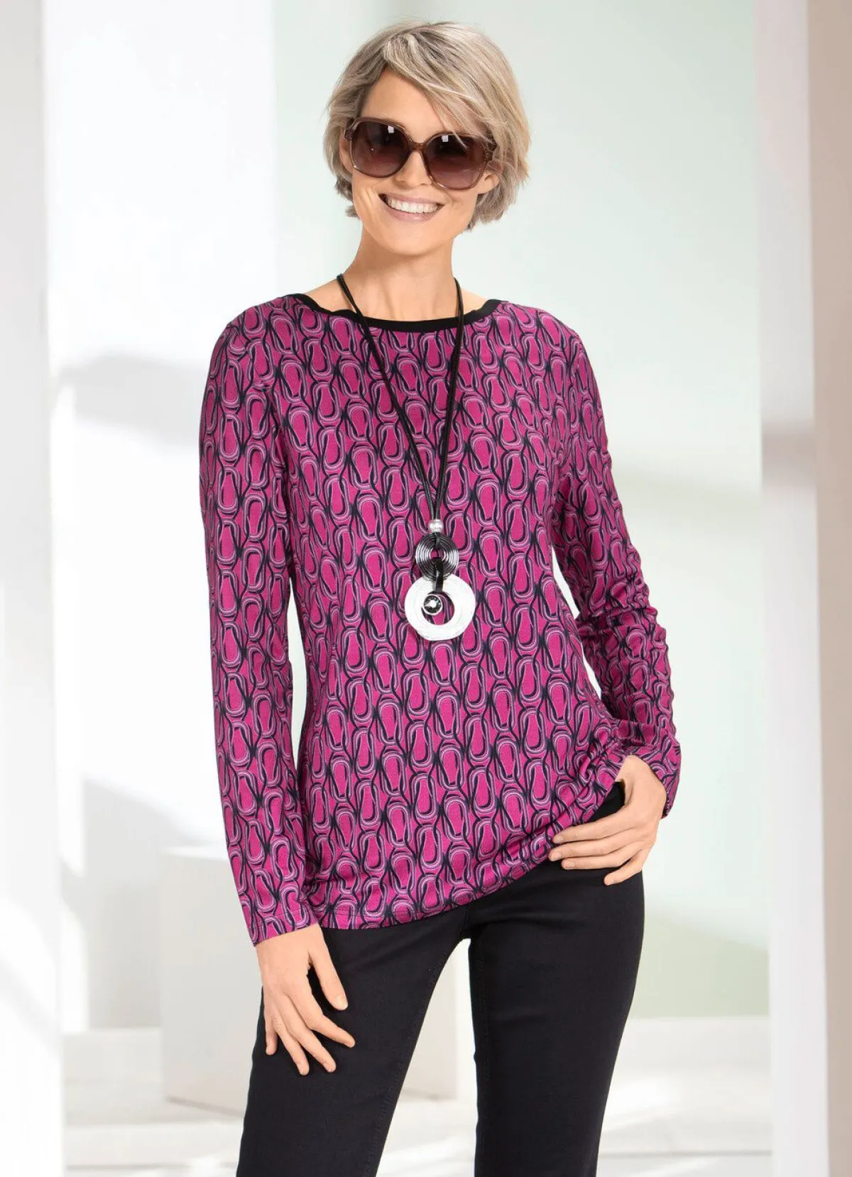 Clearance BADER Shirt mit U-Boot-Ausschnitt FUCHSIA-SCHWARZ