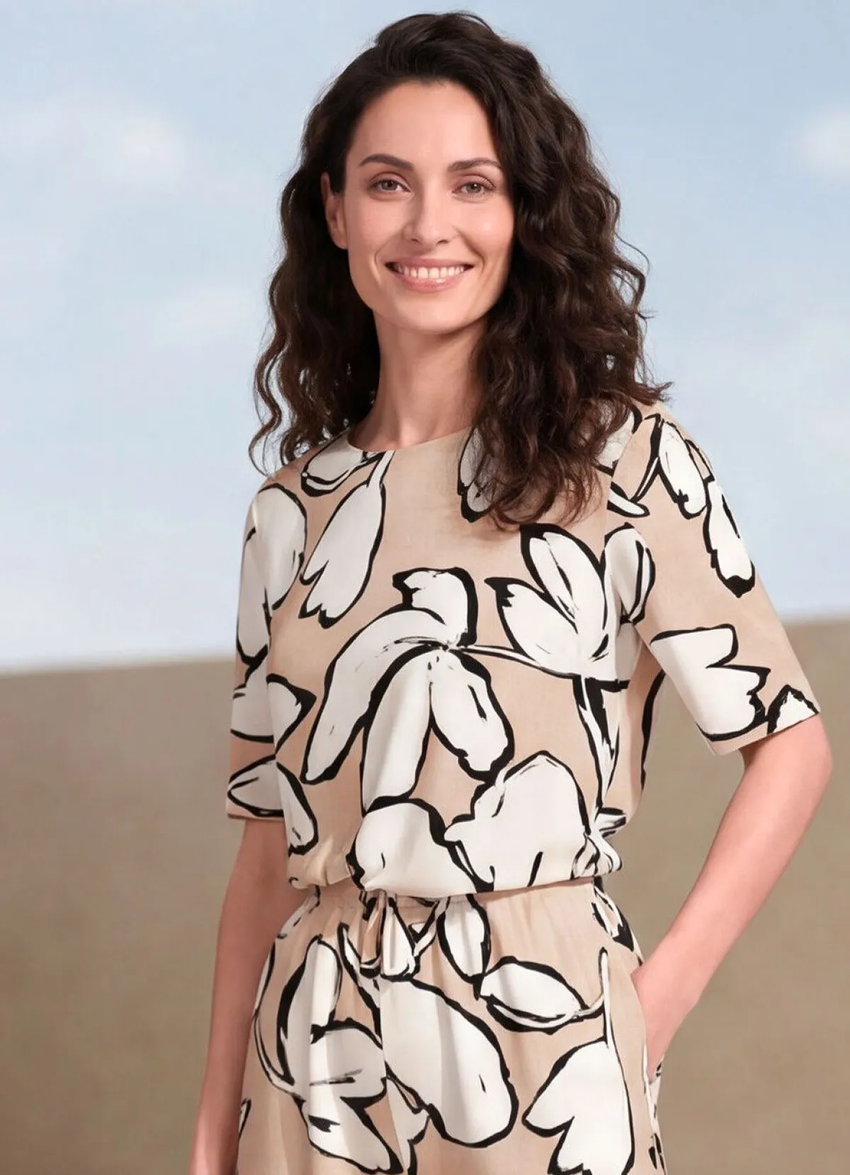 KLAUS MODELLE MADE IN GERMANY Shirt mit U-Boot-Ausschnitt TAUPE-ECRU-SCHWARZ