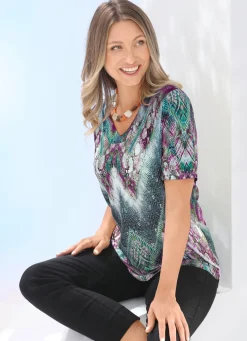 Outlet BADER Shirt mit V-Ausschnitt GRÜN-LILA-BUNT