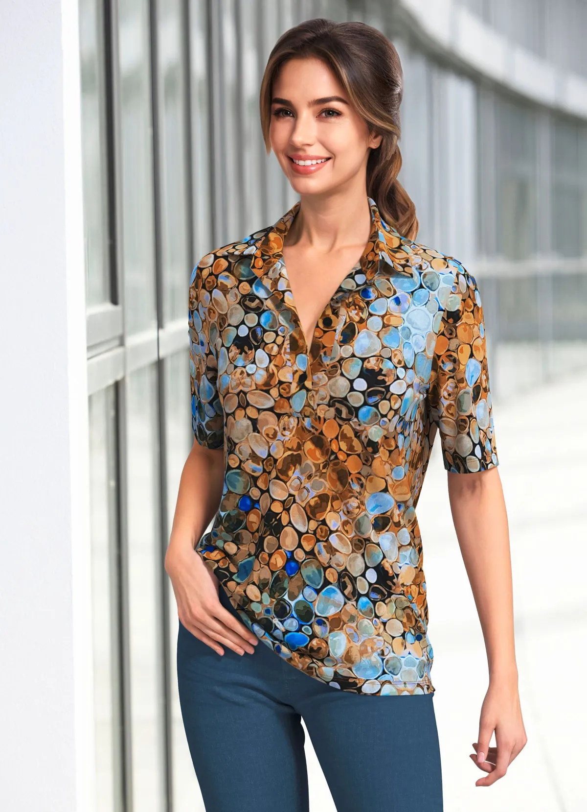 BADER Shirtbluse - Made in Germany BLAU-BRAUN-SCHWARZ-BUNT
