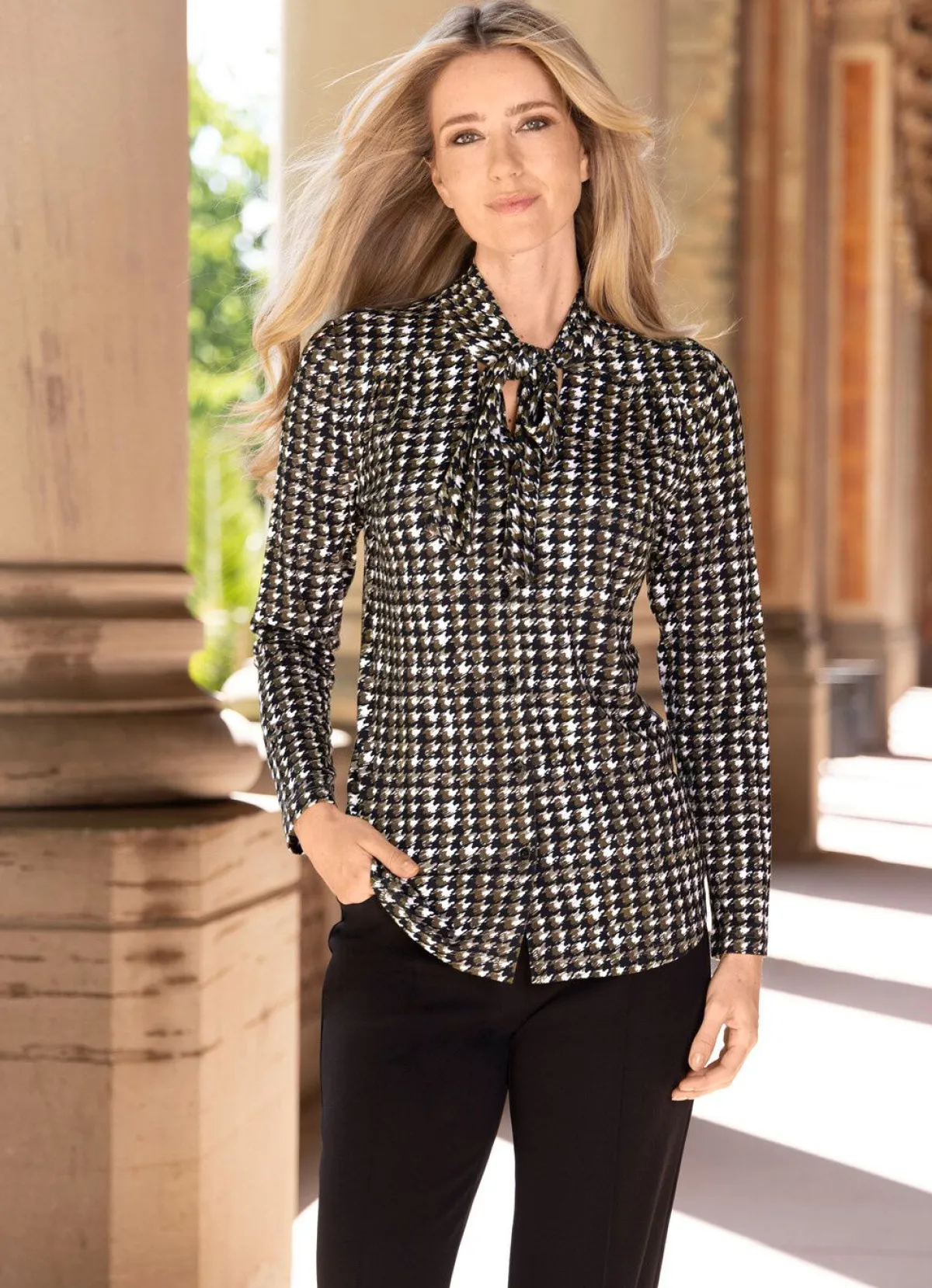 Discount laurakent Shirtbluse mit Hahnentrittmuster SCHWARZ-KHAKI-ECRU