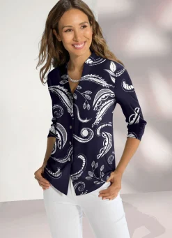 Online KLAUS MODELLE MADE IN GERMANY Shirtbluse mit Stehkragen NACHTBLAU-ECRU