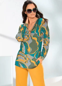New BADER Shirt mit V-Ausschnitt mit Zierring PETROL-KHAKI