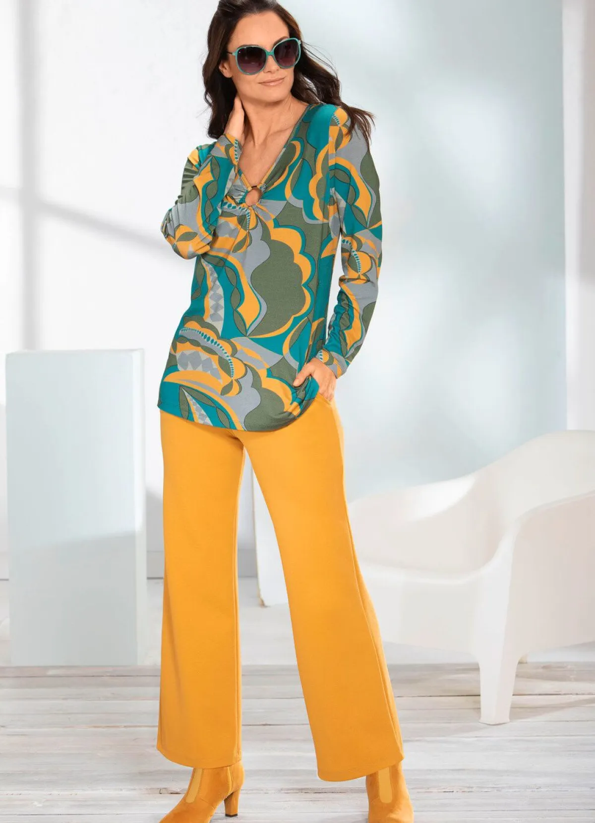 New BADER Shirt mit V-Ausschnitt mit Zierring PETROL-KHAKI