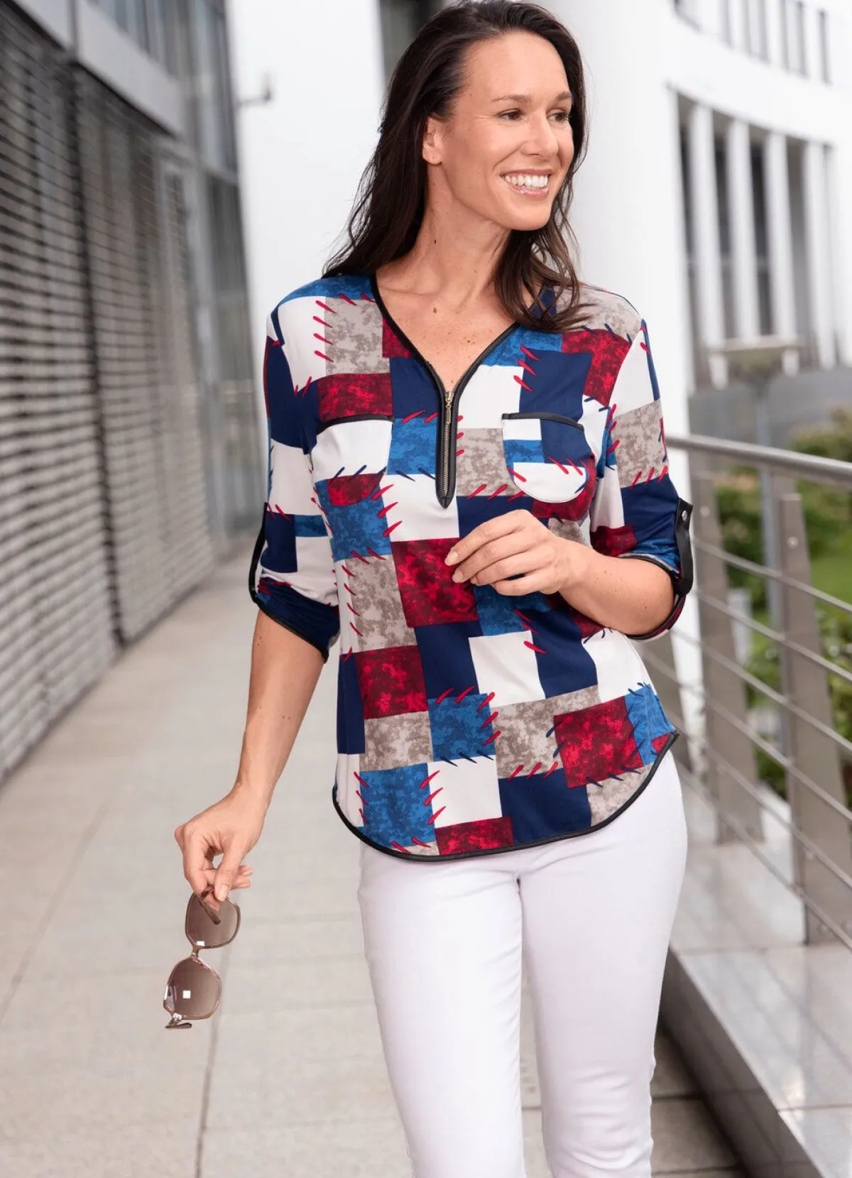 Best BADER Shirt-Tunika in tollem Dessin WEISS-MARINE-ROT-BUNT