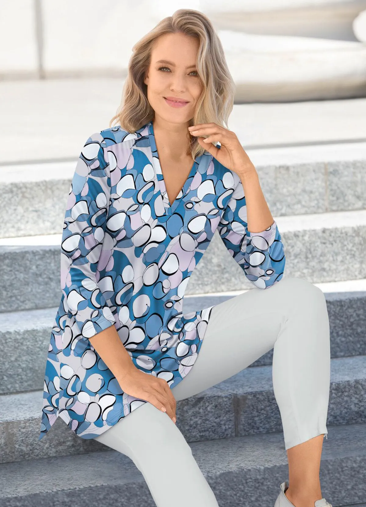 Clearance KLAUS MODELLE MADE IN GERMANY Shirt-Tunika Made in Germany WEISS-FLIEDER-BUNT