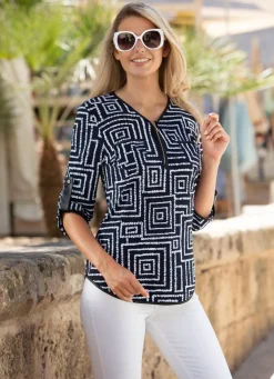 Online BADER Shirt-Tunika mit Lederimitat-Besatz MARINE-WEISS