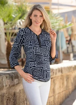 Online BADER Shirt-Tunika mit Lederimitat-Besatz MARINE-WEISS
