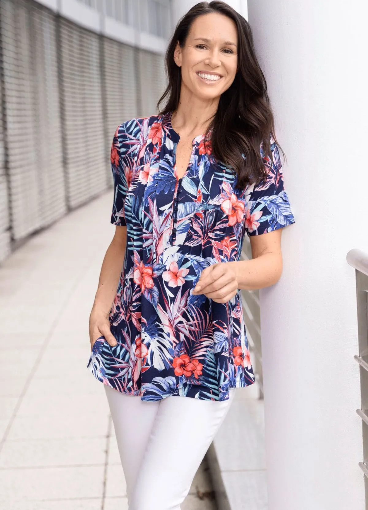 Online BADER Shirt-Tunika mit Stehkragen MARINE-KORALLE-WEISS-BUNT