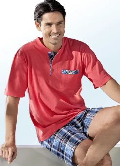 BADER Shorty mit Knopfleiste, Brusttasche und modischem Karodessin KORALLE-BLAU