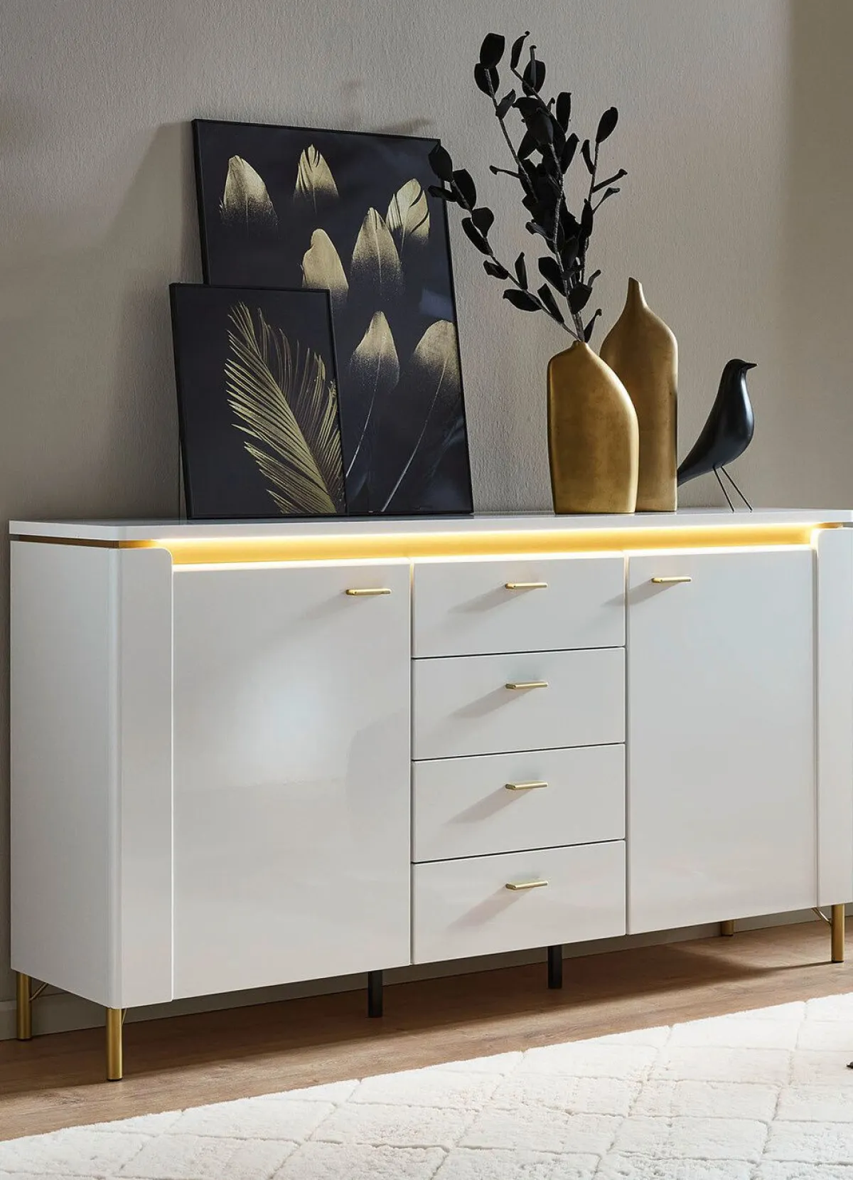 Sale BADER Sideboard mit LED-Beleuchtung und Softclose WEISS-GOLD