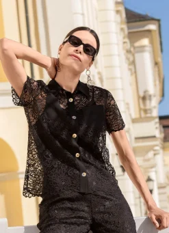 New laurakent Spitzenbluse mit Hemdkragen SCHWARZ
