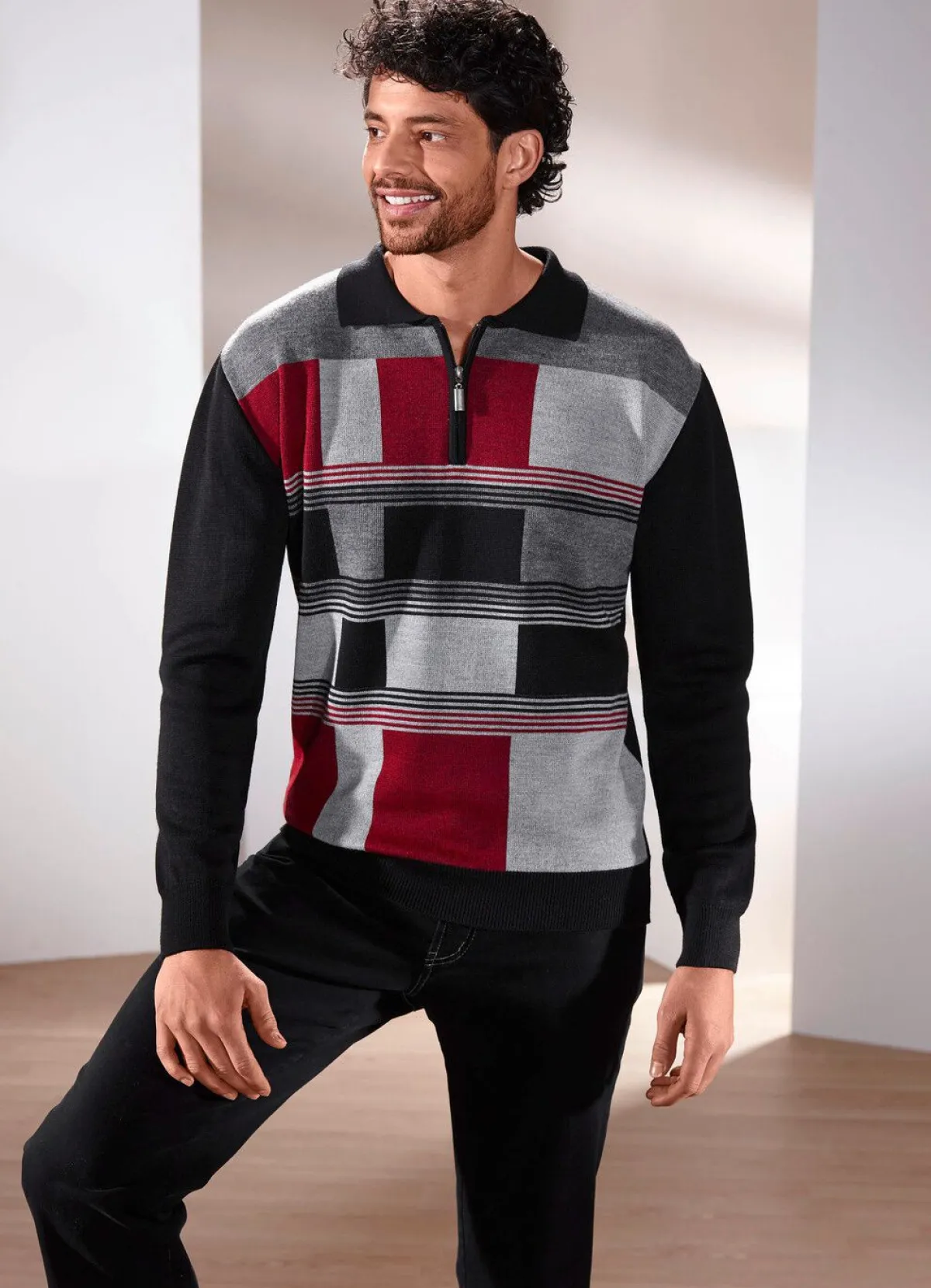 Best BADER Sportiver Polopullover in 2 Farben SCHWARZ-ROT-GRAU MELIERT