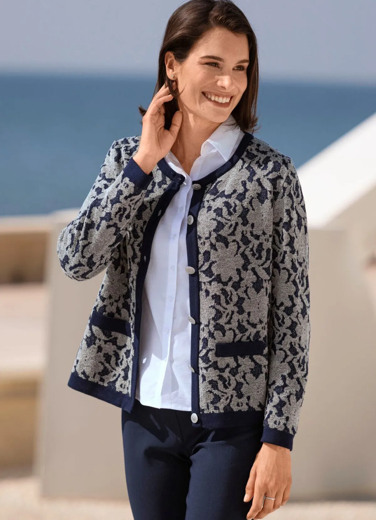 Hot BADER Strickjacke in Garnmix MARINE-SAND MELIERT