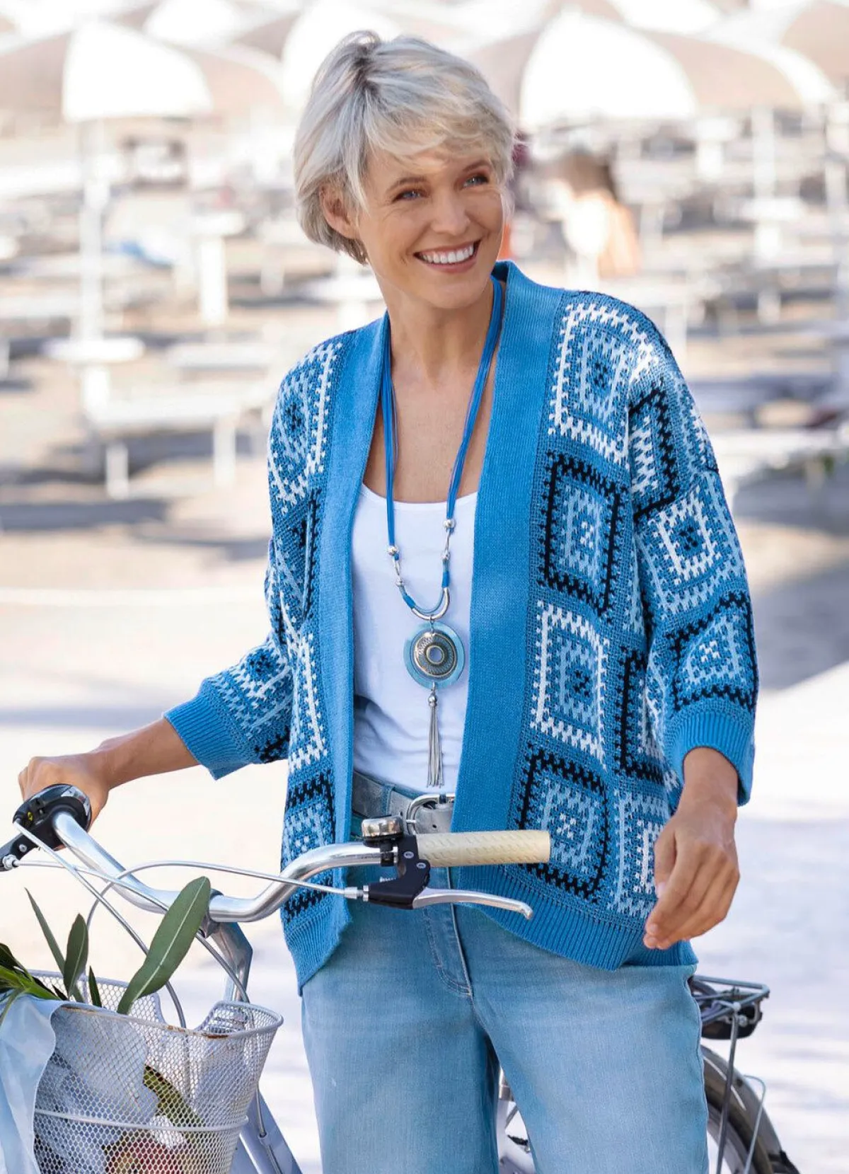 New BADER Strickjacke in Jacquard-Dessin JEANSBLAU-WEISS-MULTICOLOR