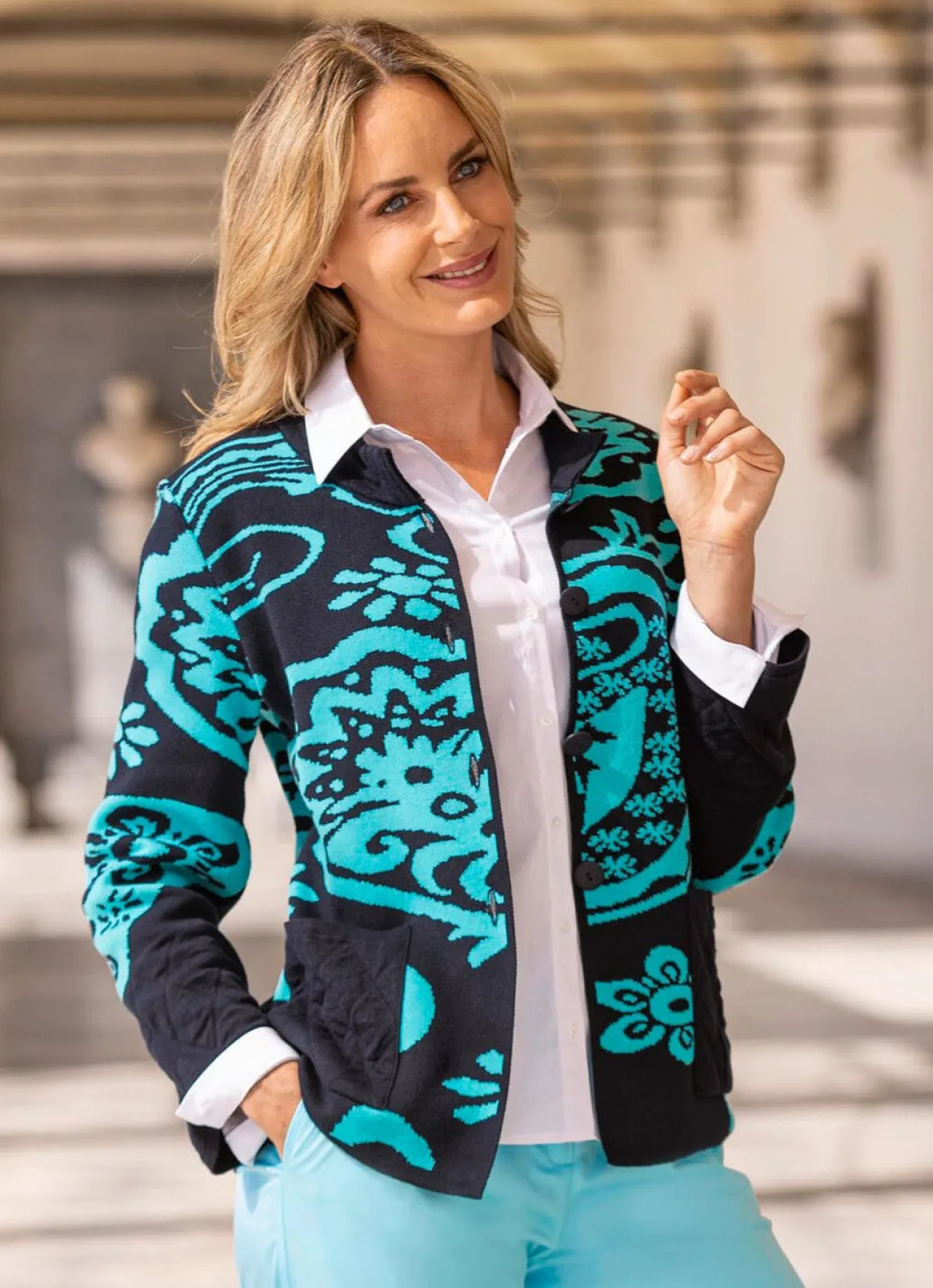 Discount BADER Strickjacke in Jacquard-Dessin MARINE-TÜRKIS