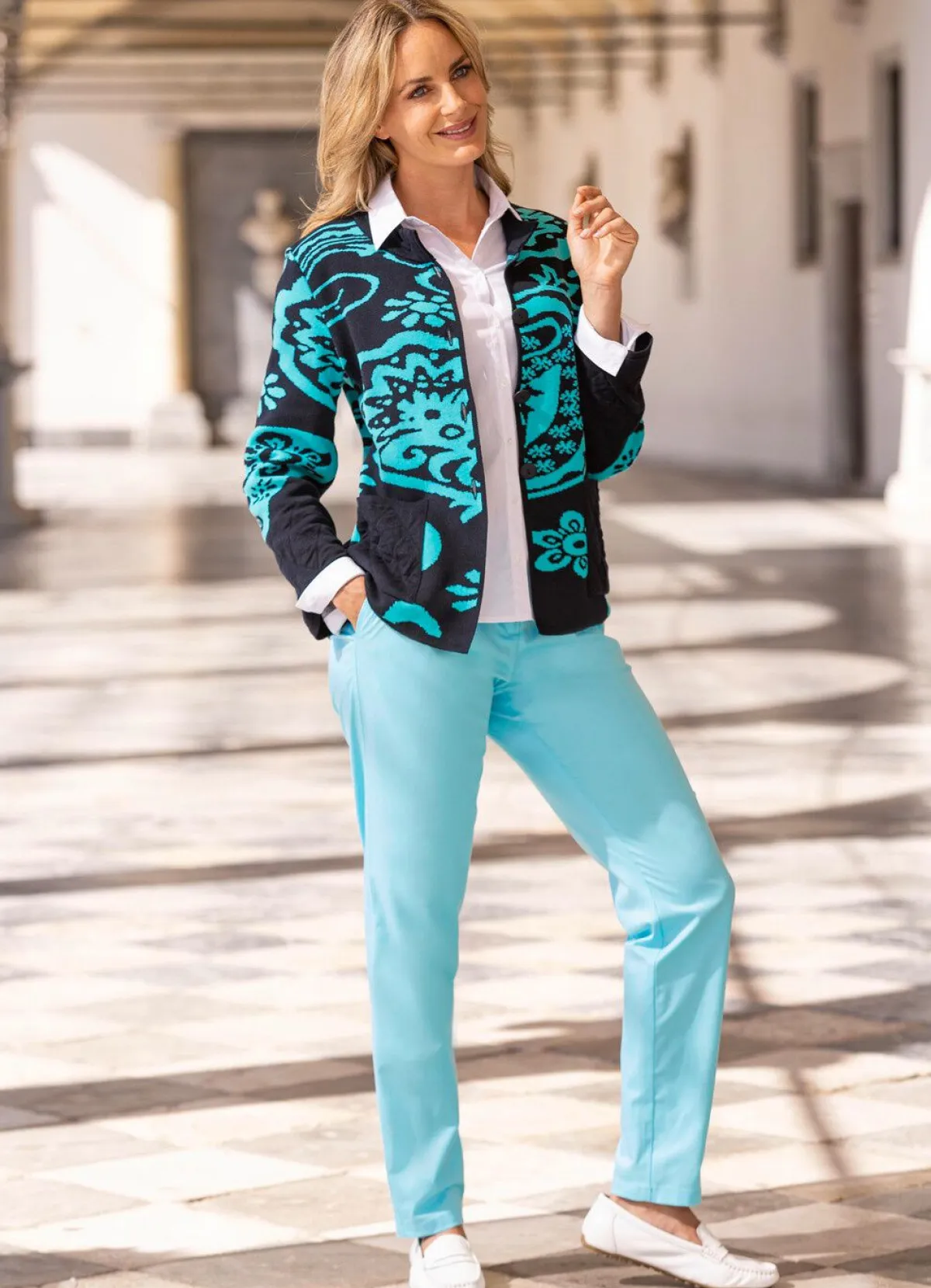 Discount BADER Strickjacke in Jacquard-Dessin MARINE-TÜRKIS