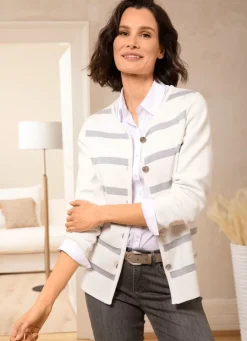 Discount BADER Strickjacke in Milano-Rippe ECRU-HELLGRAU MELIERT