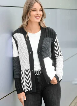 Discount BADER Strickjacke in Mustermix ANTHRAZIT-WEISS-GRAU MELIERT