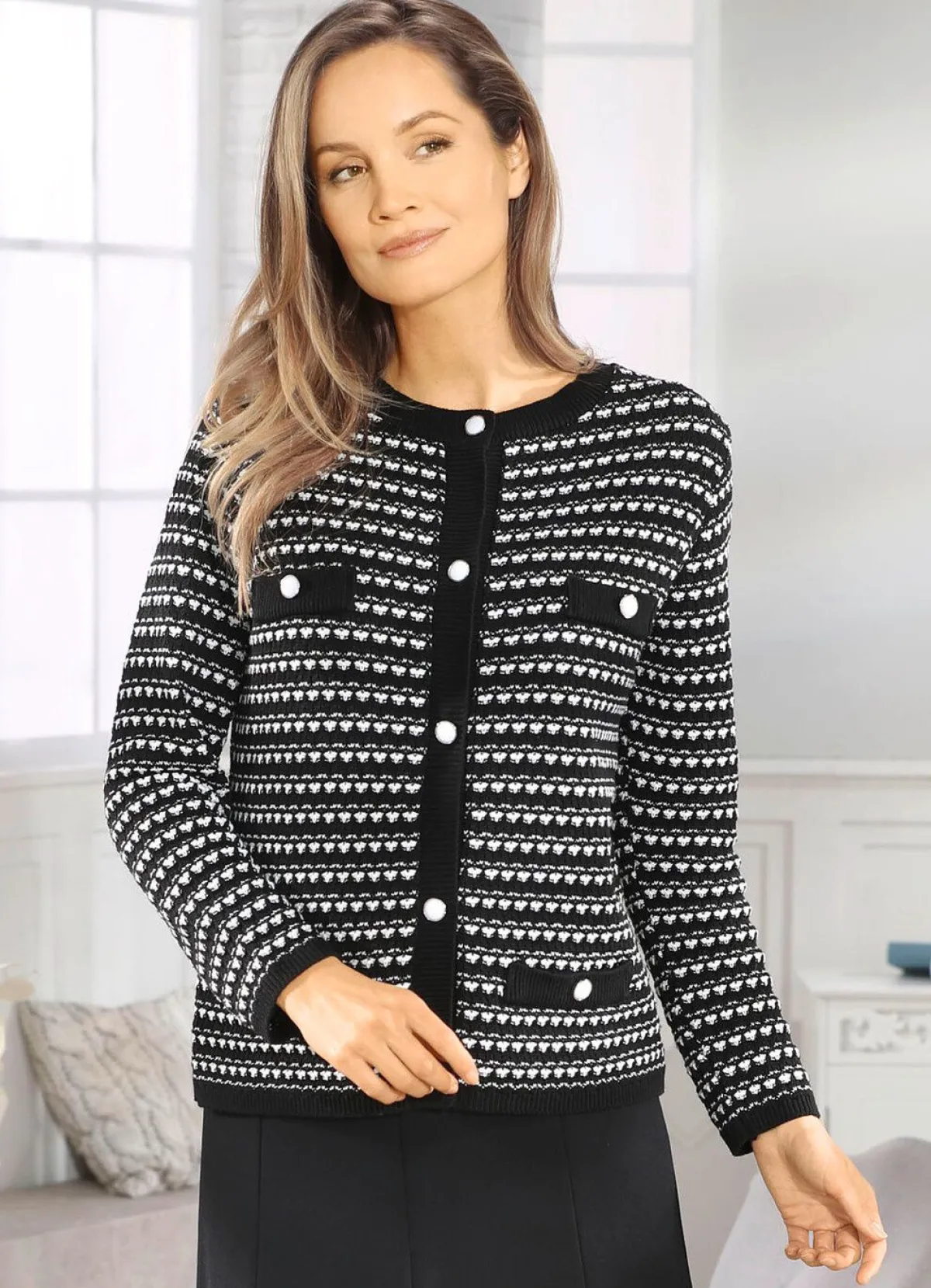 BADER Strickjacke mit aufwendigem Strukturmix SCHWARZ-ECRU