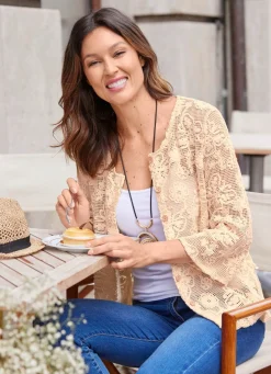 Hot BADER Strickjacke mit Blumen und Schmetterlingen BEIGE