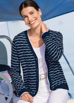 Online BADER Strickjacke mit feinen Ringeln und Ajourrauten MARINE-WEISS