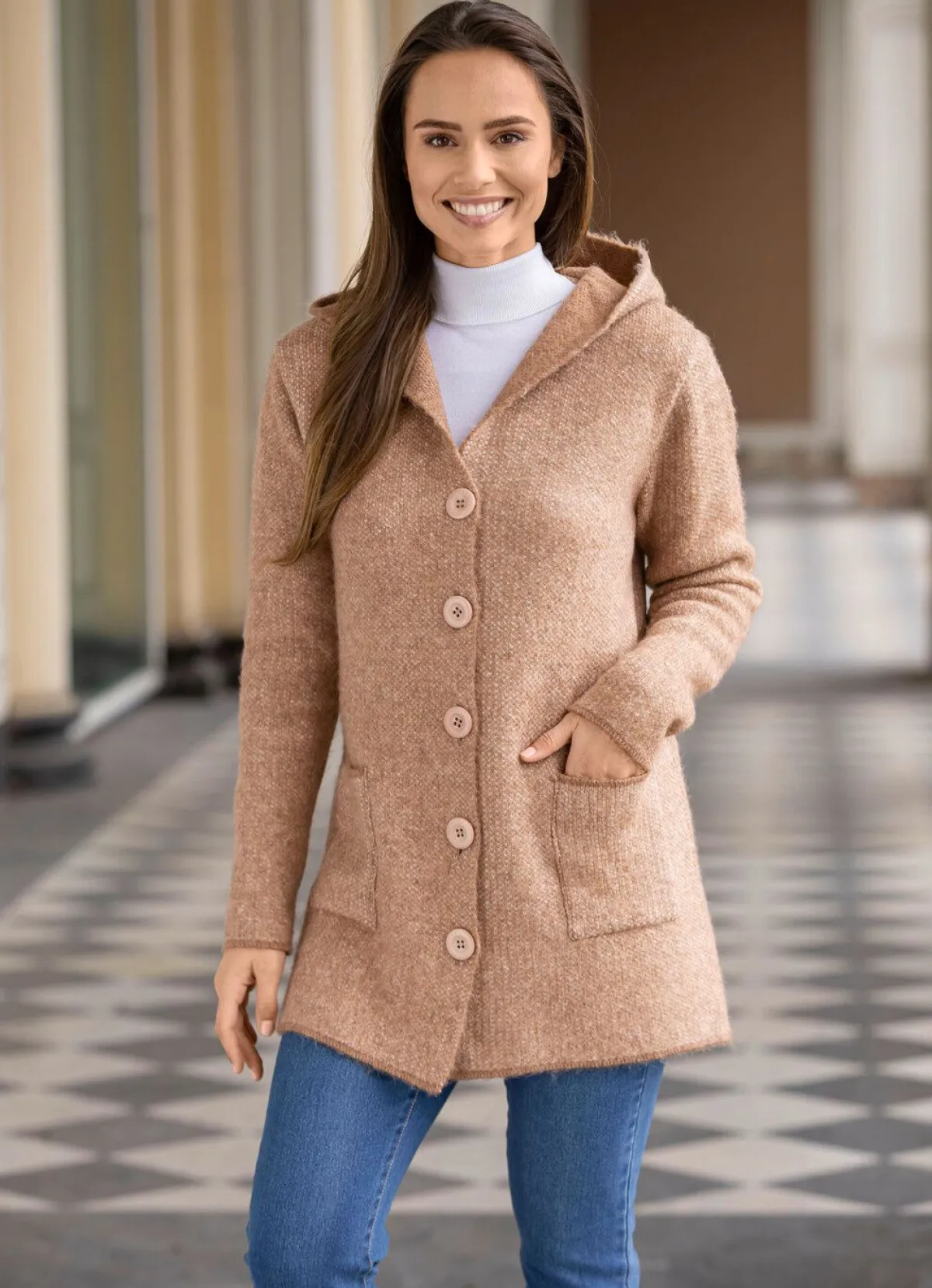 Hot BADER Strickjacke mit Kapuze BEIGE MELIERT