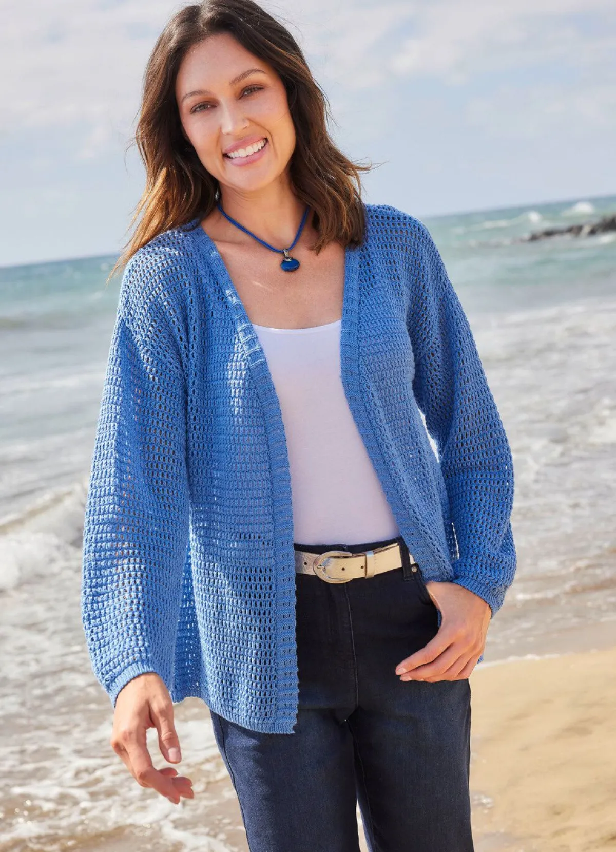 New laurakent Strickjacke mit Struktur- und Ajourmuster JEANSBLAU