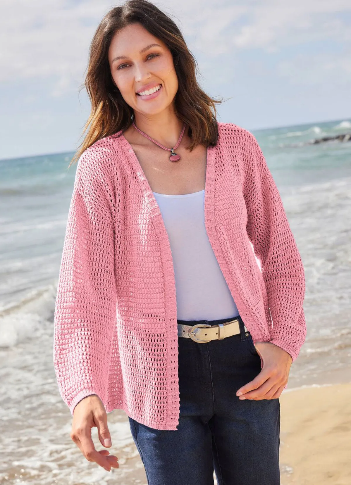 New laurakent Strickjacke mit Struktur- und Ajourmuster ROSÉ