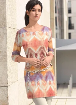 Best KLAUS MODELLE MADE IN GERMANY Strick-Tunika in bedrucktem Feinstrick ECRU-ORANGE-MULTICOLOR