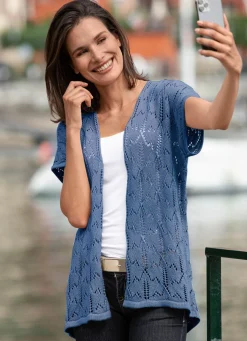 BADER Strickweste mit Ajourmuster JEANSBLAU MELIERT