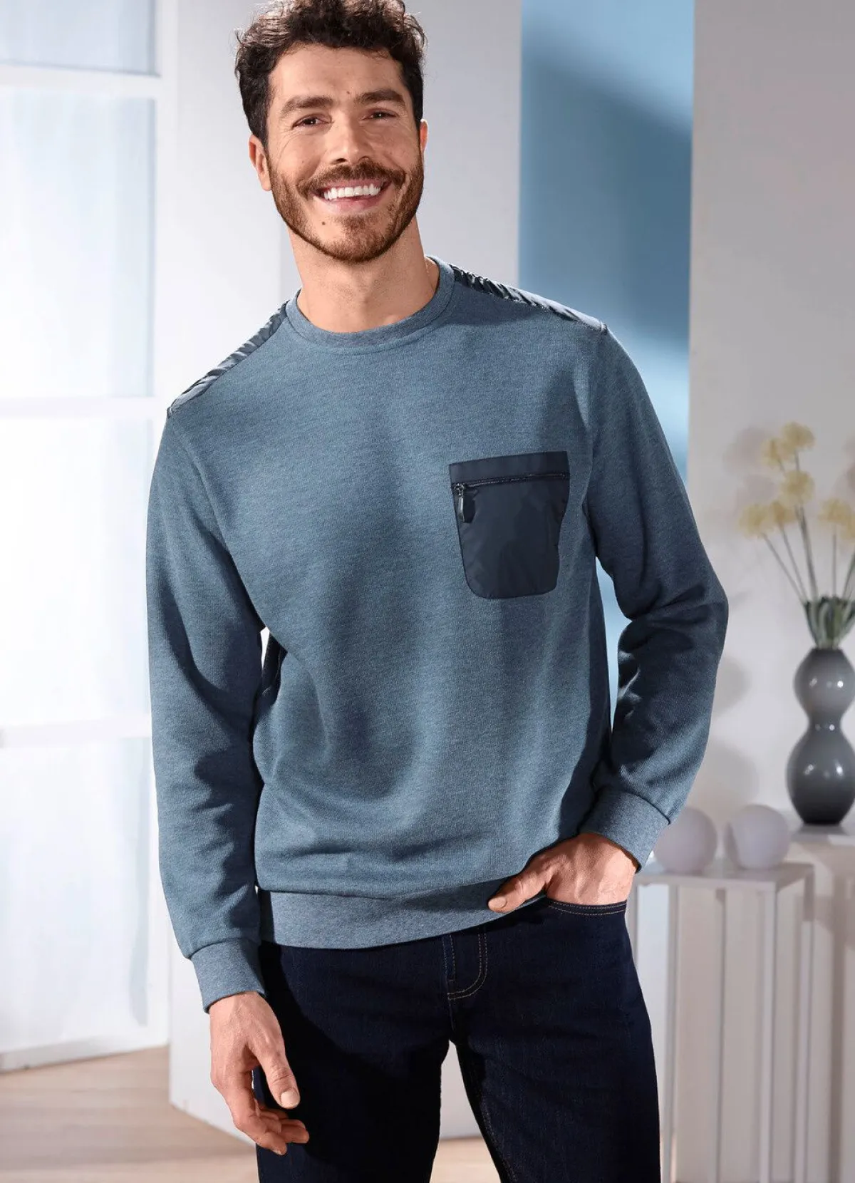 Outlet BADER Sweatshirt mit Brusttasche JEANSBLAU MELIERT