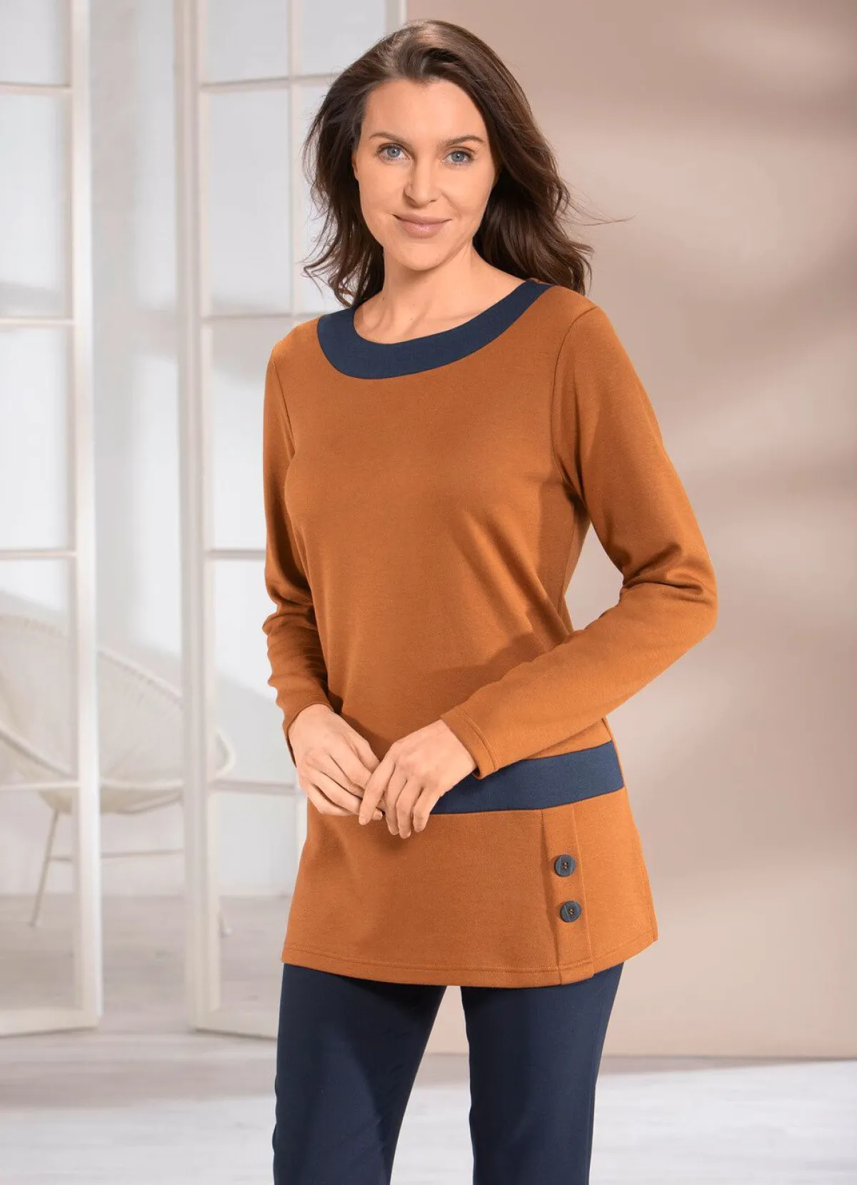 Discount BADER Sweatshirt mit Kontrastblende in 2 Farben CAMEL-MARINE