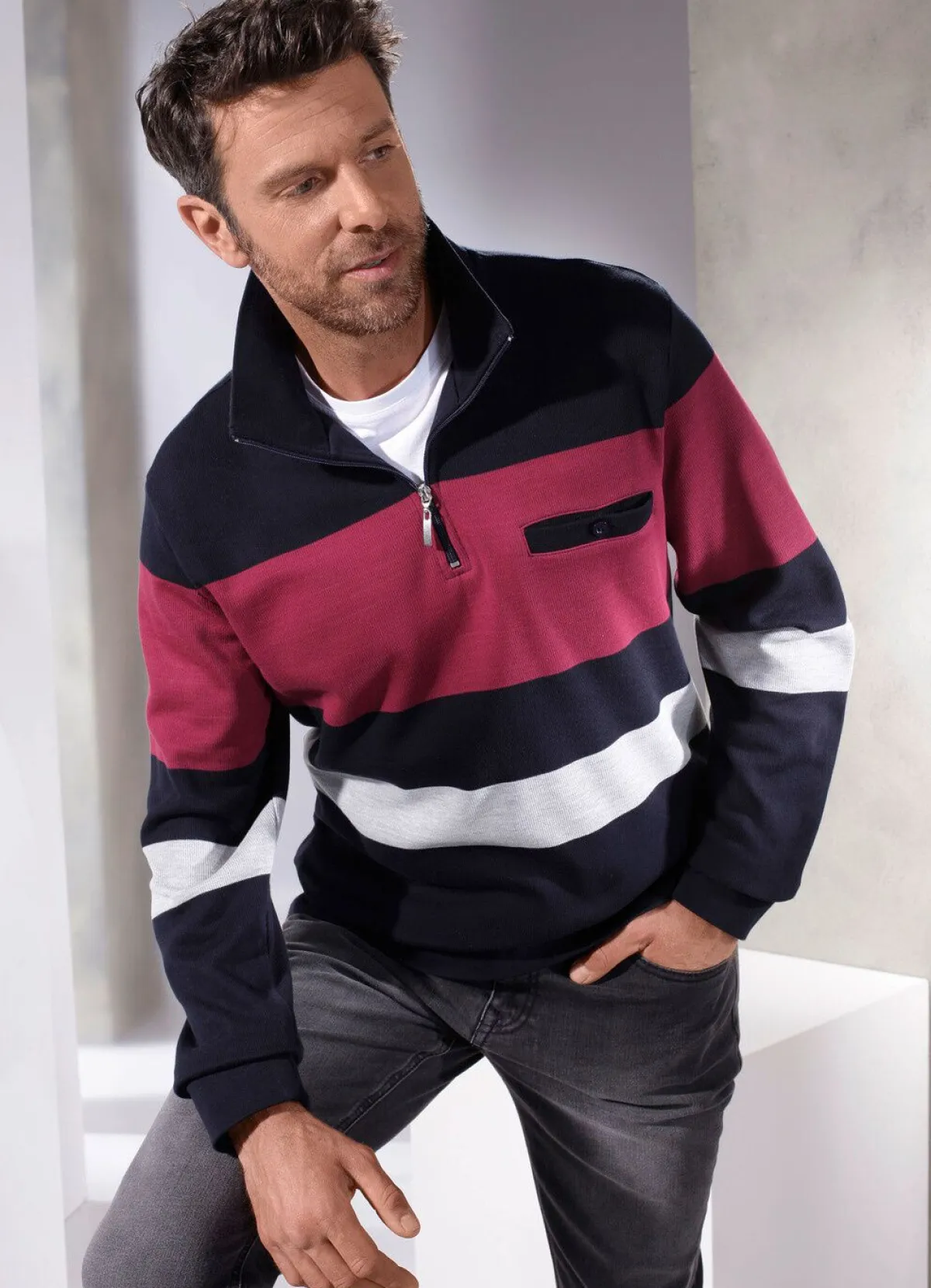 Sale BADER Sweatshirt mit knöpfbarer Brusttasche SCHWARZ-BORDEAUX-GRAU