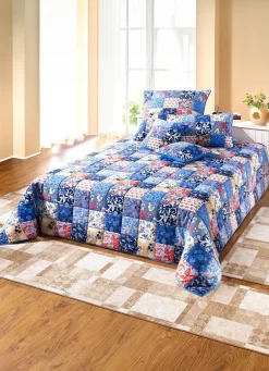 BADER Tagesdecken und Kissenbezüge in Patchwork-Optik aus Baumwolle BLAU