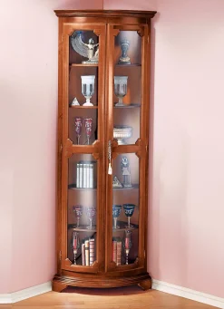 New BADER Teilmassive Eckvitrine mit gebogenen Glastüren mit Schloss NUSSBAUM