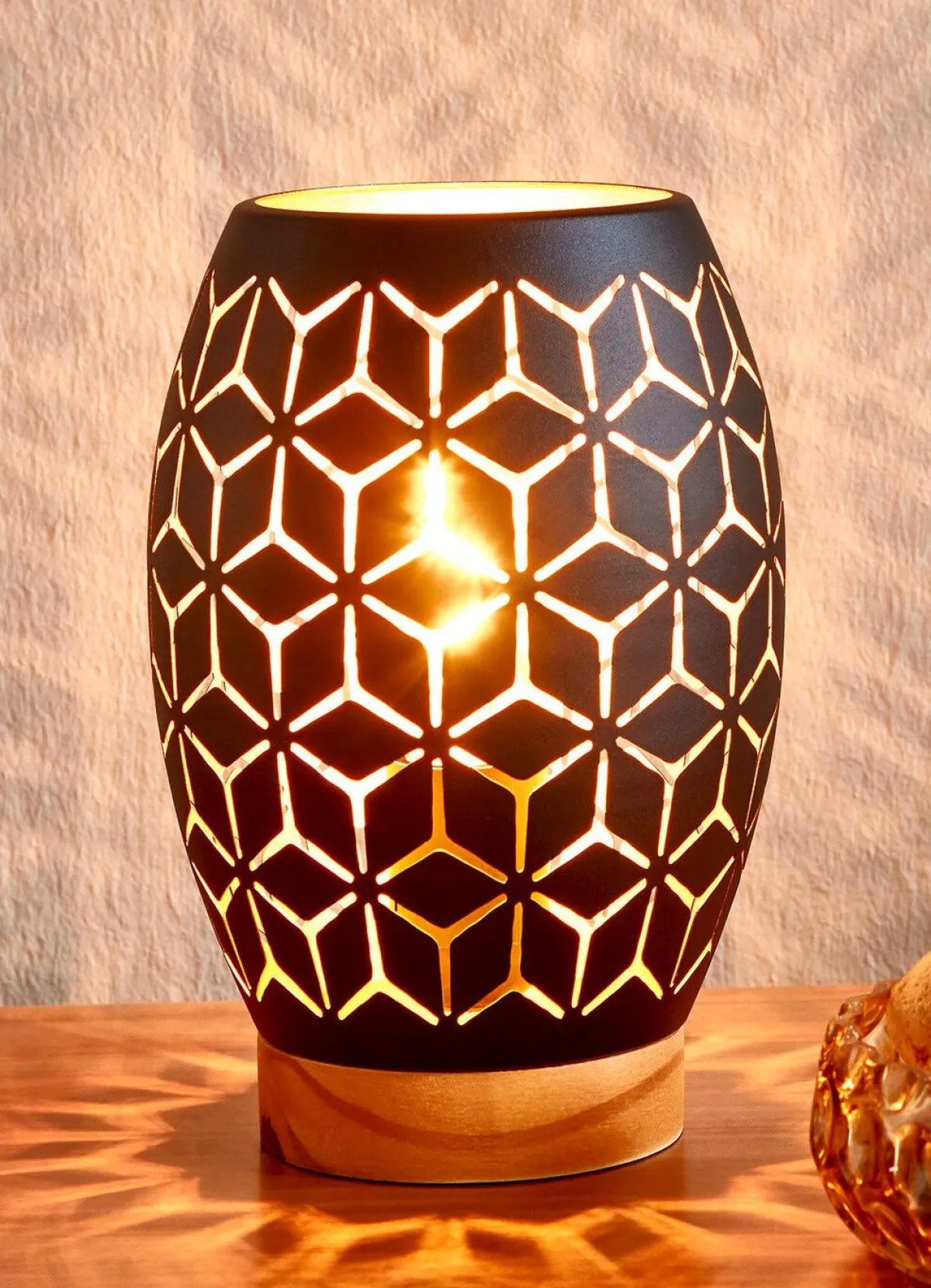 New BADER Tischleuchte mit Metall-Lampenschirm und Holz-Sockel SCHWARZ-GOLD