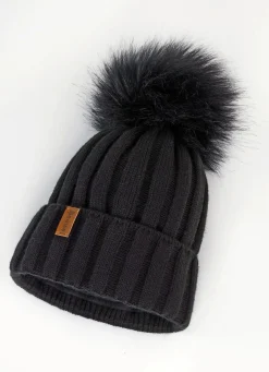 Clearance BADER Trendige Damen-Mütze mit breitem Umschlag und Kunstfell-Bommel SCHWARZ