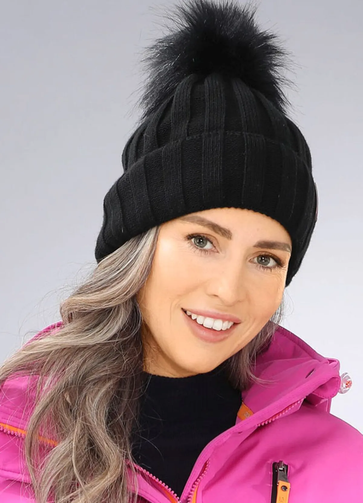 Clearance BADER Trendige Damen-Mütze mit breitem Umschlag und Kunstfell-Bommel SCHWARZ