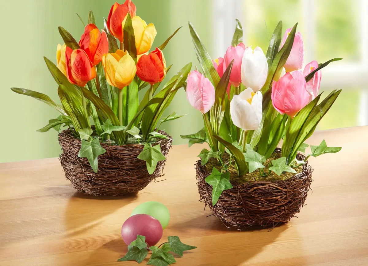 BADER Tulpen im Weidekorb GELB-ORANGE
