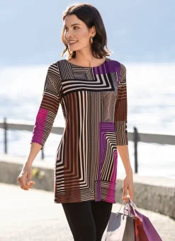 Hot KLAUS MODELLE MADE IN GERMANY Tunika mit modisch flachem Halsausschnitt FUCHSIA-SCHWARZ-BRAUN