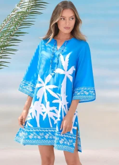 Hot BADER Tunika mit Palmendruck, reine Baumwolle BLAU-WEISS